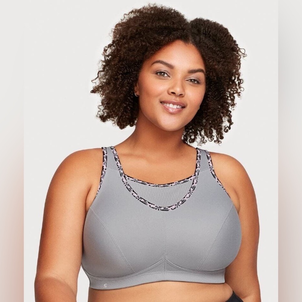 Glamorise No-Bounce Camisole Sports Bra 38DD in gray with pink camouflage trim